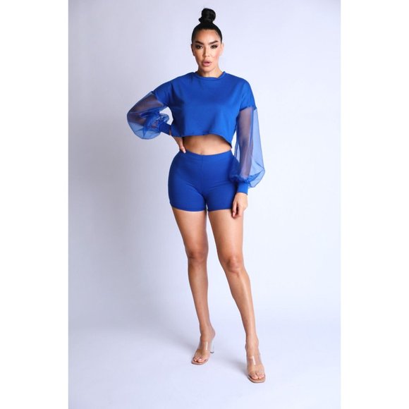 Boutique Tops - Women's Casual Crew Neck Organza Puff Sleeve Top & Elastic Waist Shorts 2Pcs Set